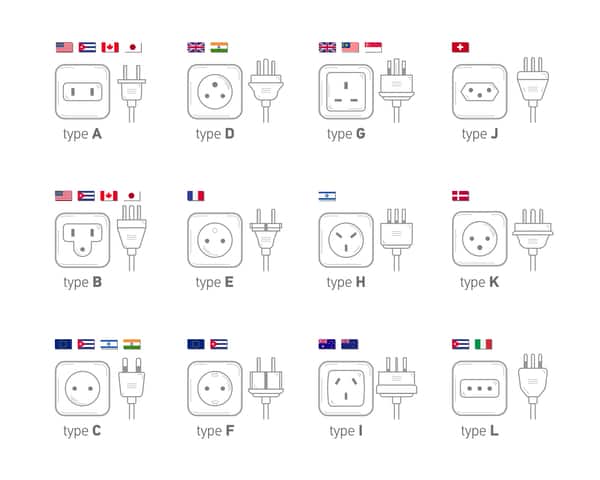 Electric outlet illustration. Different type power socket set, different country plugs